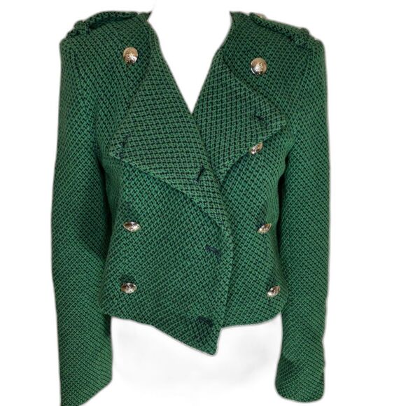 Zara Green Tweed Cropped Blogger Button Up Long Sleeve Sweater Womens Designer - Picture 4 of 7
